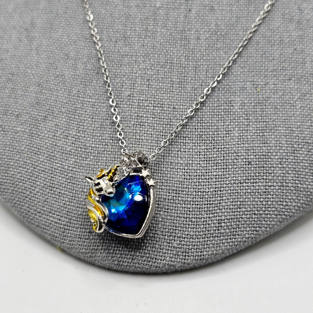 Unicorn (Gold & Silvertone) Heart Pendant Necklace Blue & Silver 18" Silvertone